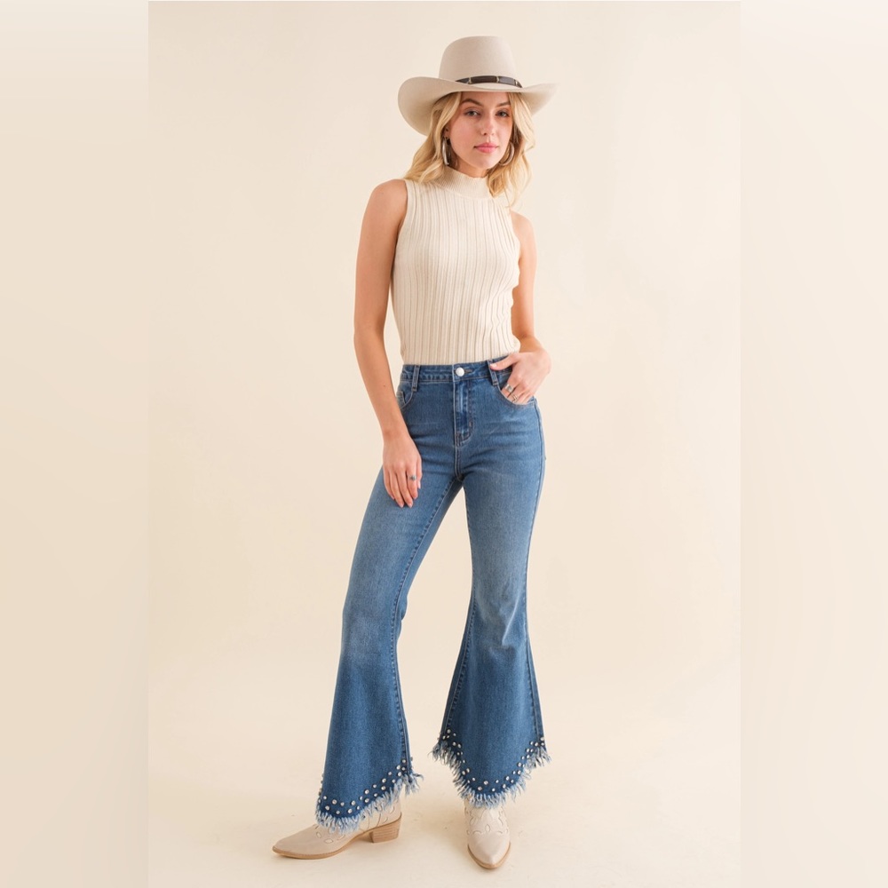 Distressed Fringe Bottom Edge Rhinestone Detailed Denim Jeans - Picture 5 of 9